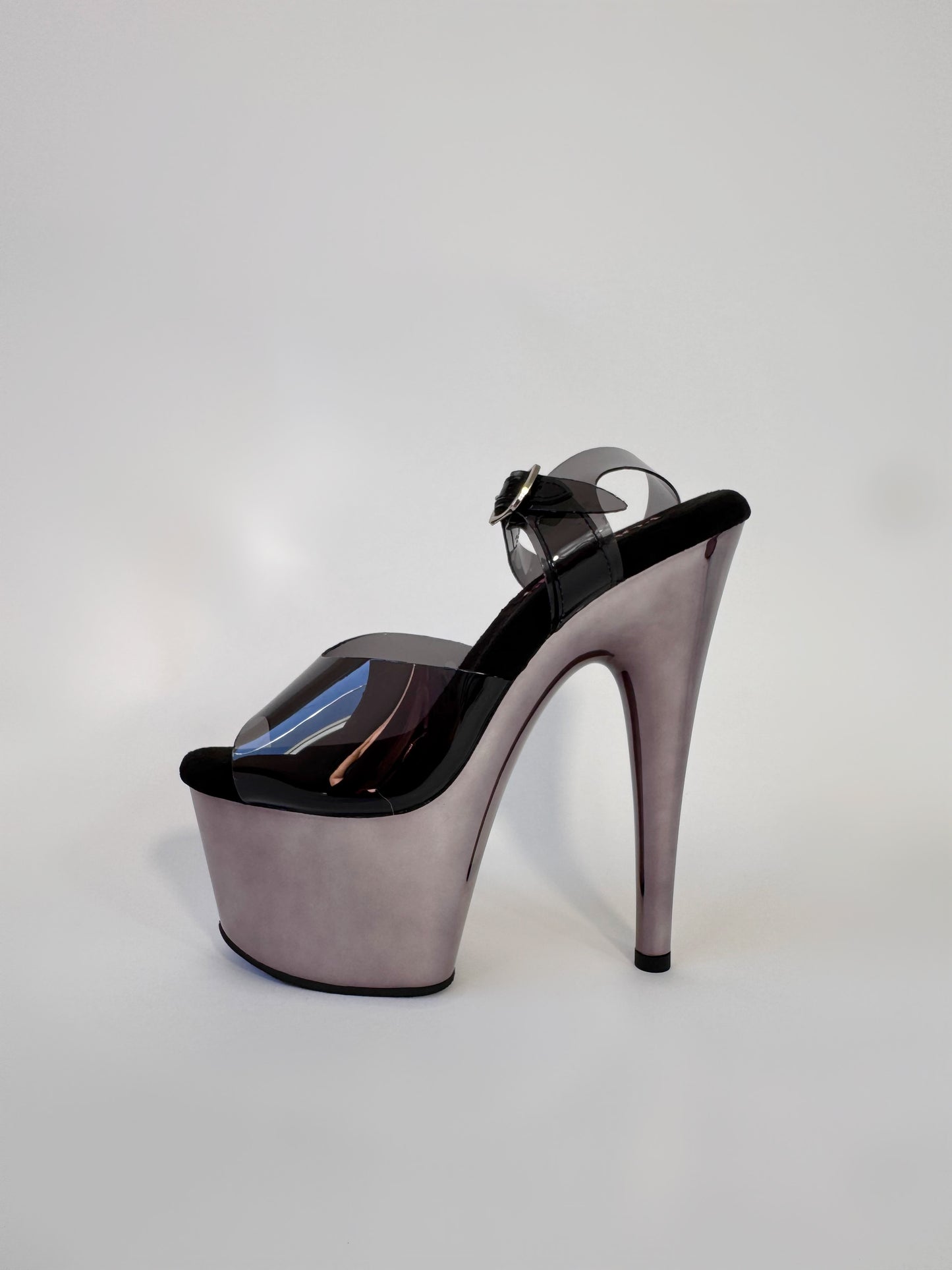 black heels sandal pleaser chrome