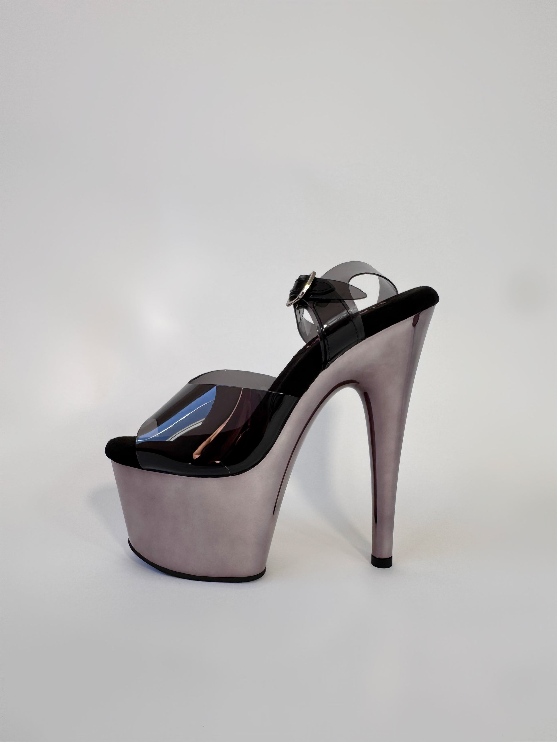 black heels sandal pleaser chrome